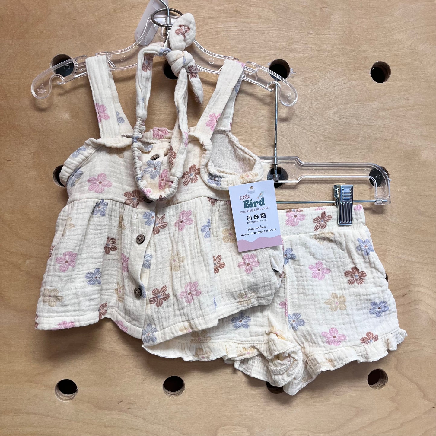 3pc. Organic Cream Floral Outfit/Bow