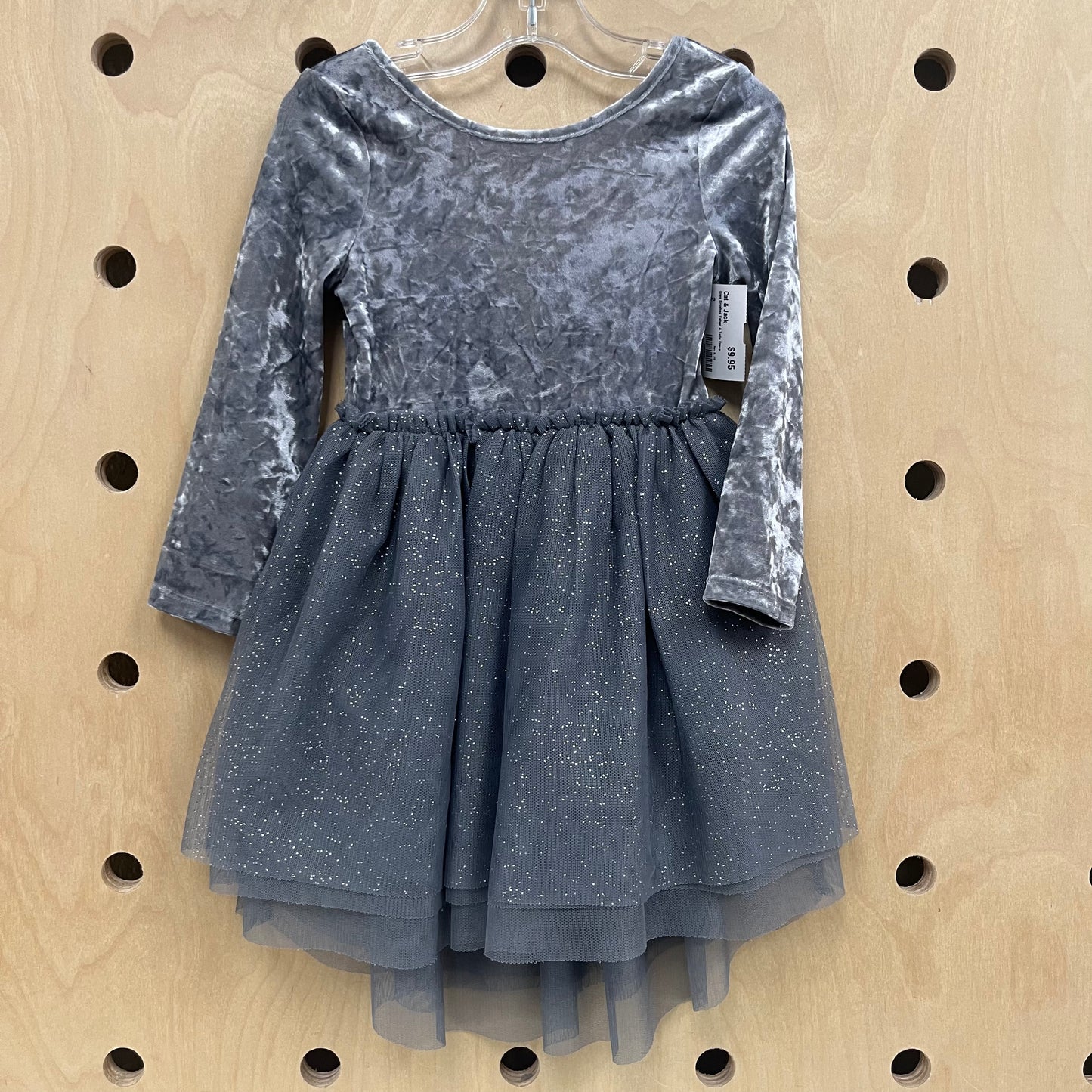 Grey Crushed Velvet & Tulle Dress