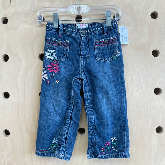 Denim Lined Jeans w/Floral Embroidery