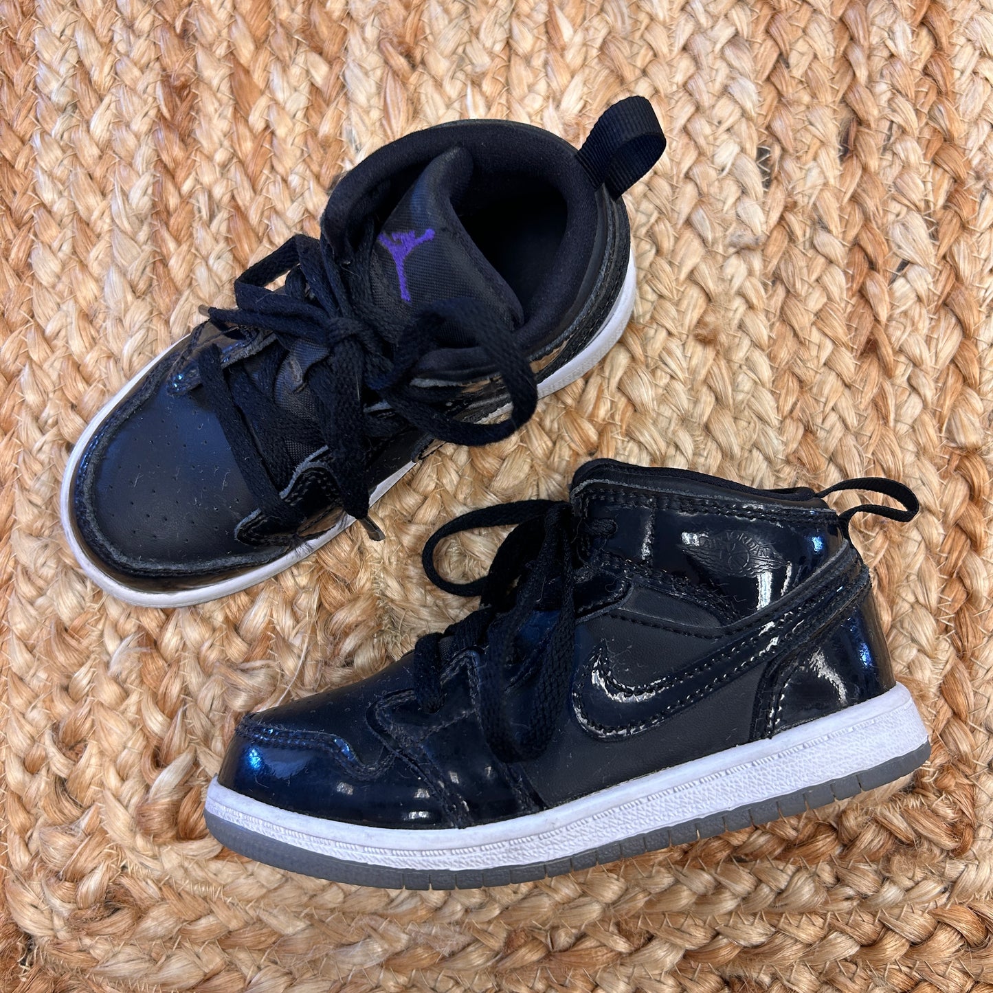 Black Glossy Laced Jordan 1 Shoes