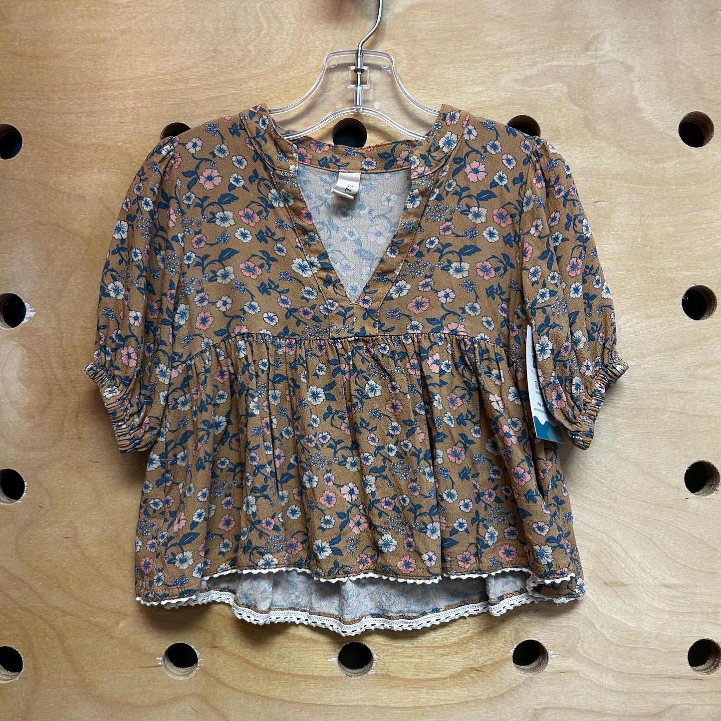 Brown/Teal Floral Lace Trim Shirt