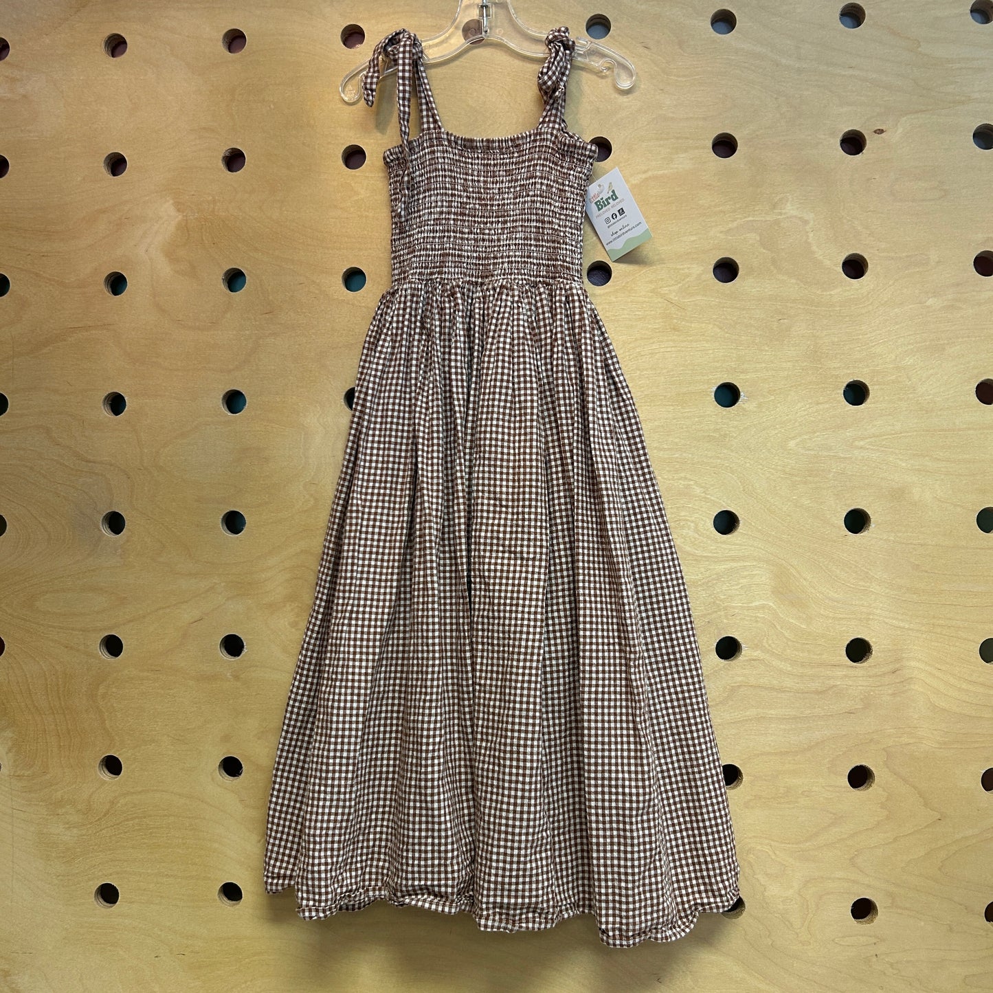 Brown Gingham Linen Blend Smocked Dress