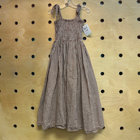 Brown Gingham Linen Blend Smocked Dress