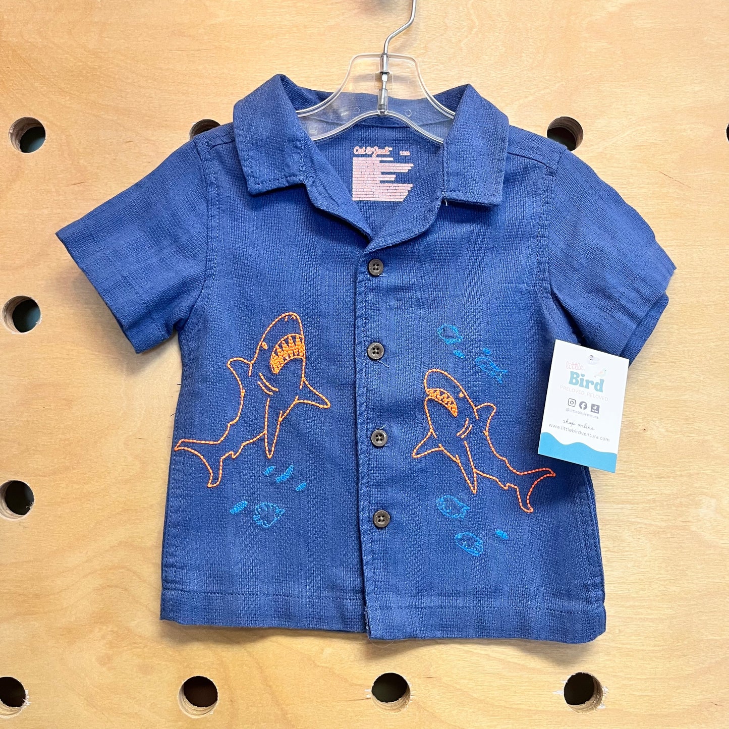 Navy Embroidered Sharks Button Up