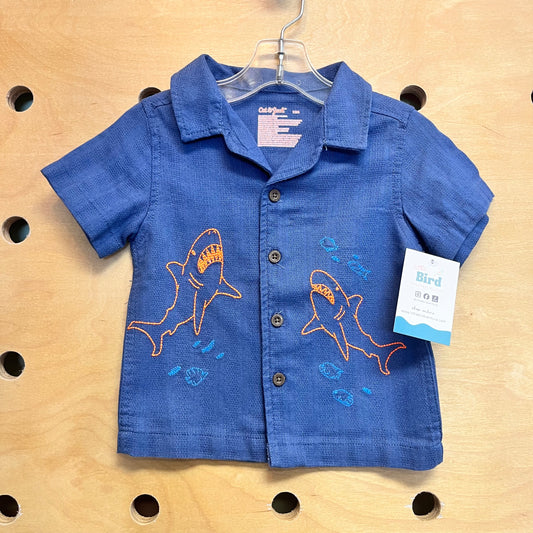 Navy Embroidered Sharks Button Up