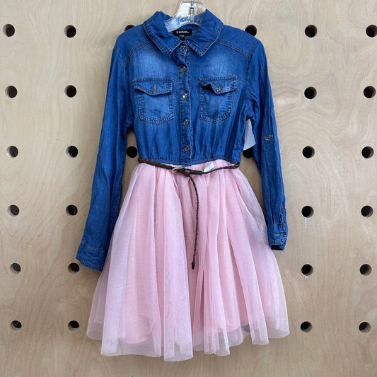 Denim & Pink Tulle Belted Dress