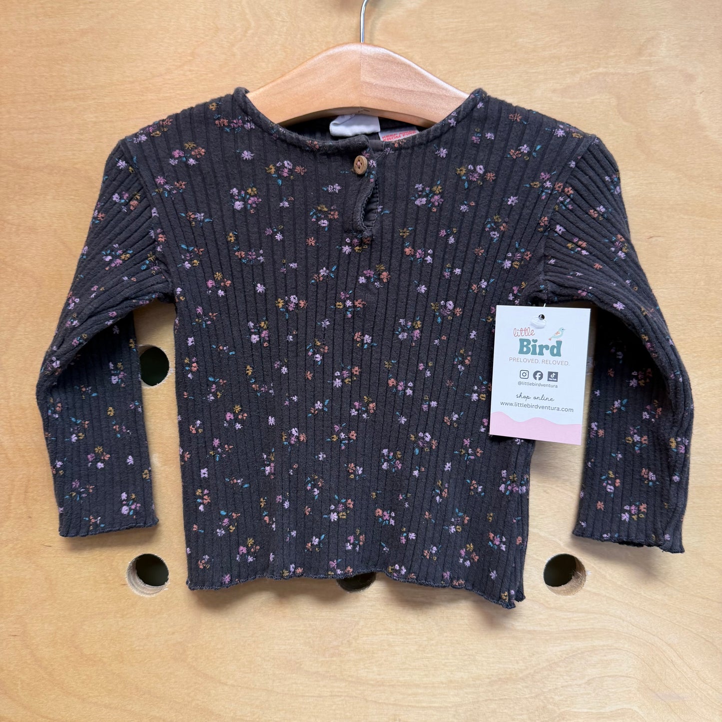 Black Ribbed Floral LS