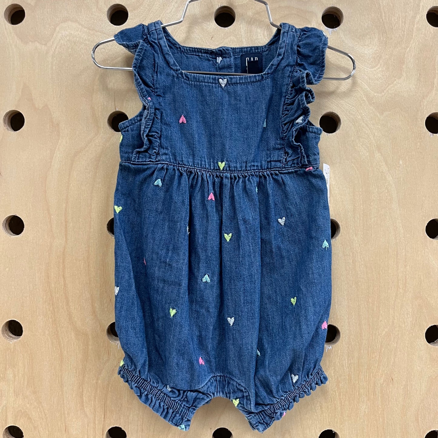 Denim+Embroidered Hearts Romper