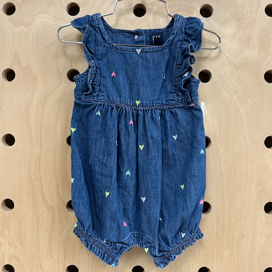 Denim+Embroidered Hearts Romper