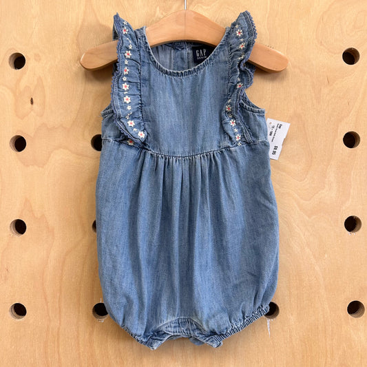 Denim Floral Ruffle Romper