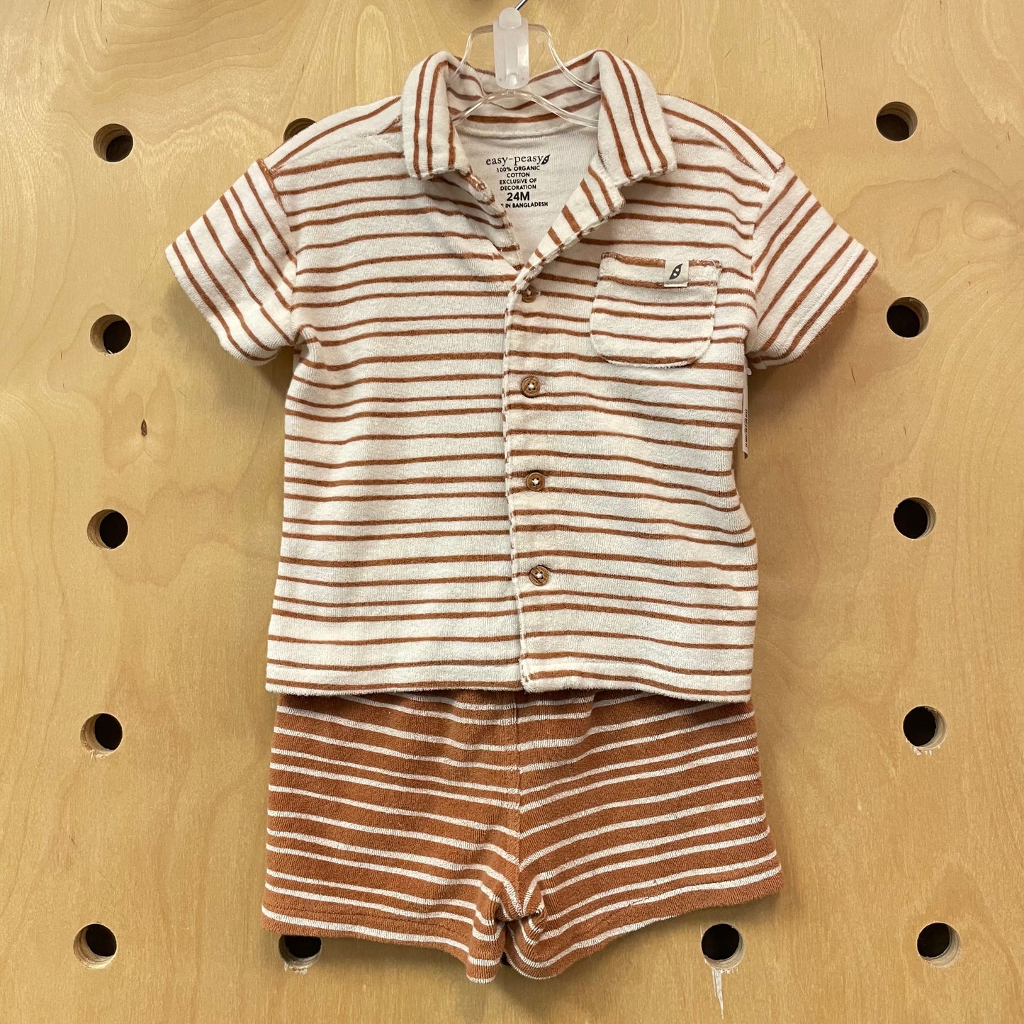 White & Brown Striped Organic Button Up & Shorts