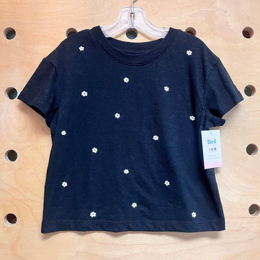 Black Embroidered White Flowers Tee