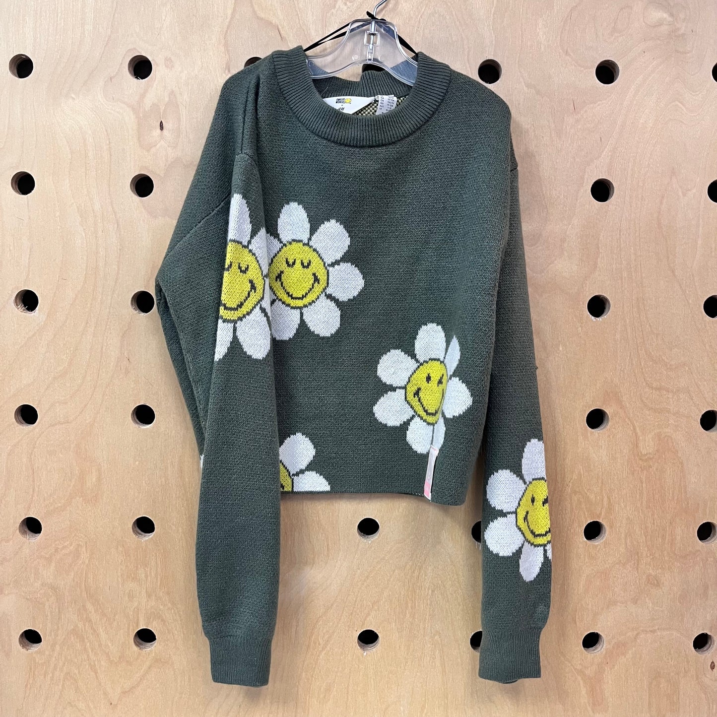 Green Smiley Daisy Crop Sweater
