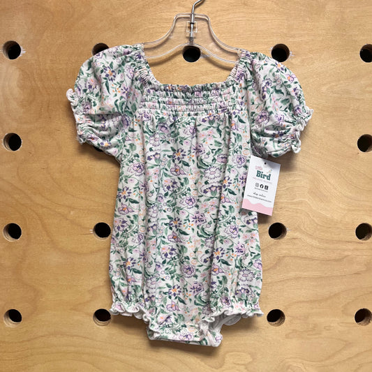 White/Green Floral Smocked Romper