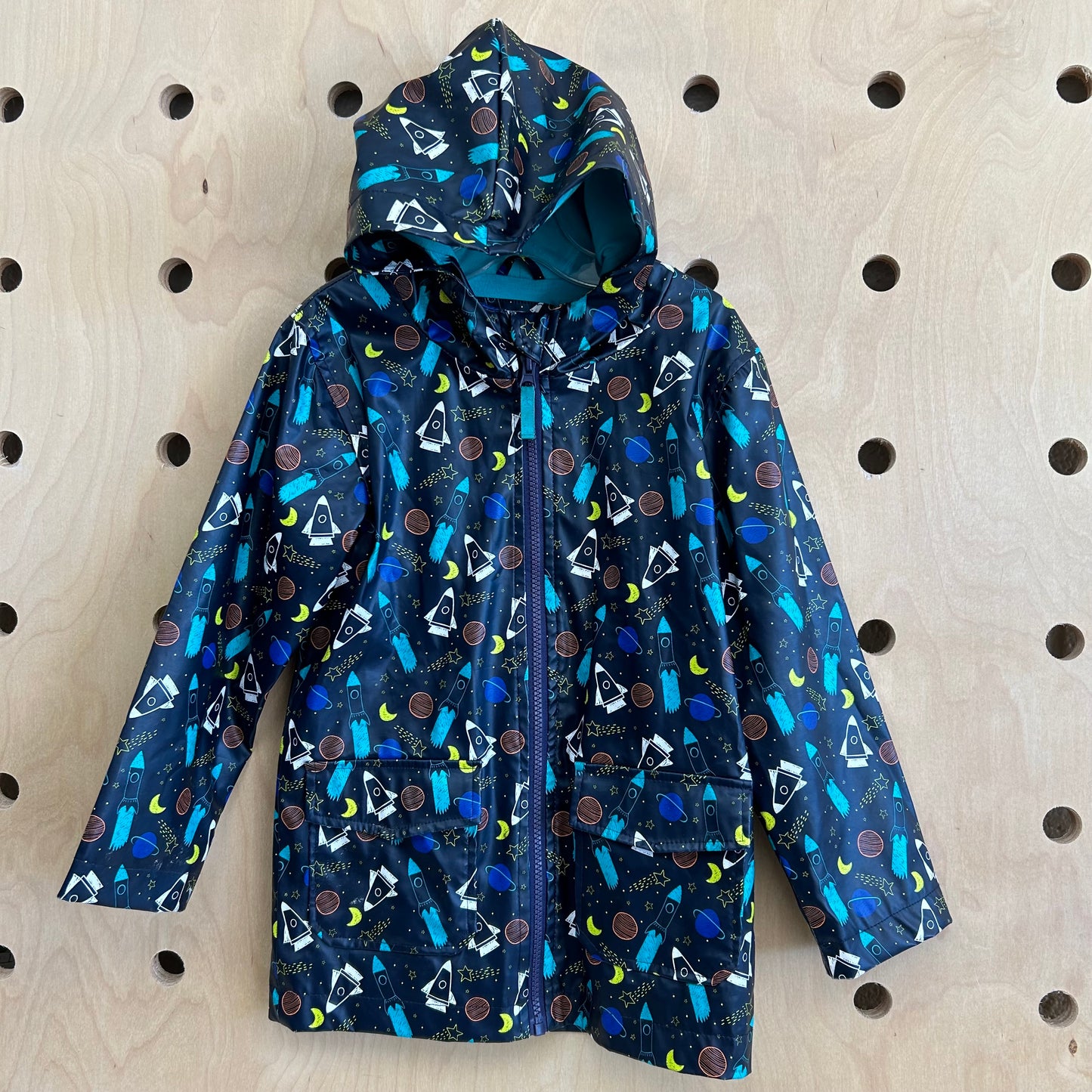 Black Spaceship Doodle Rain Jacket