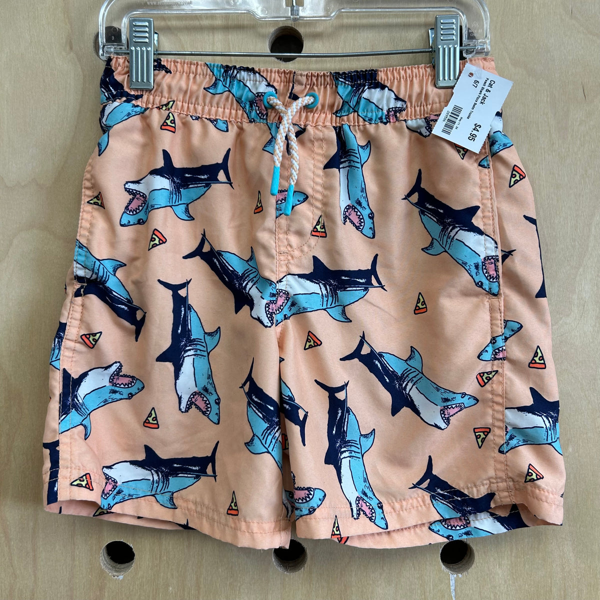 Peach Shark Pizza Swim Trunks