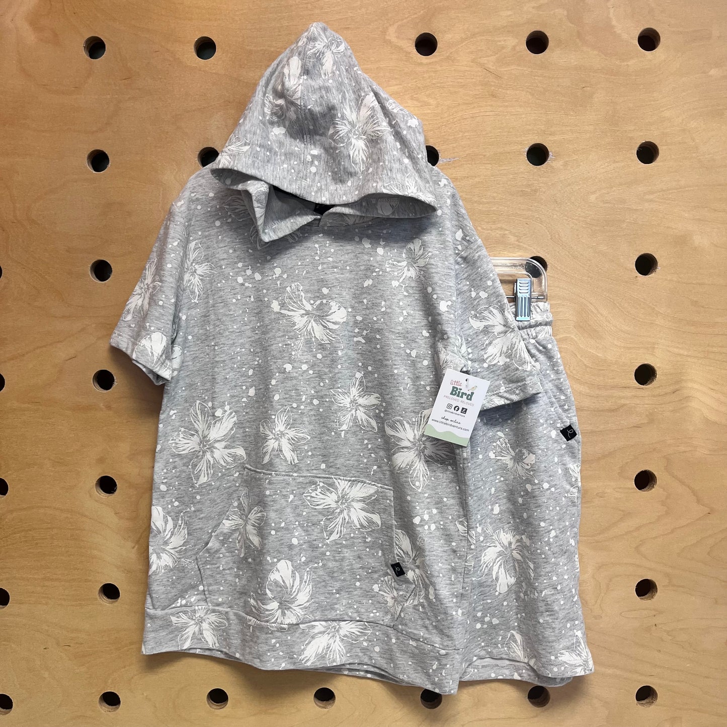 Grey & White Hibiscus Hoodie Tank & Shorts