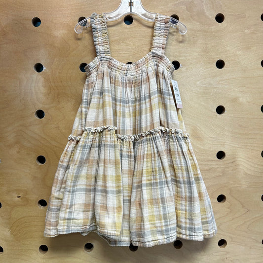 Neutral Plaid Tiered Cotton Dress