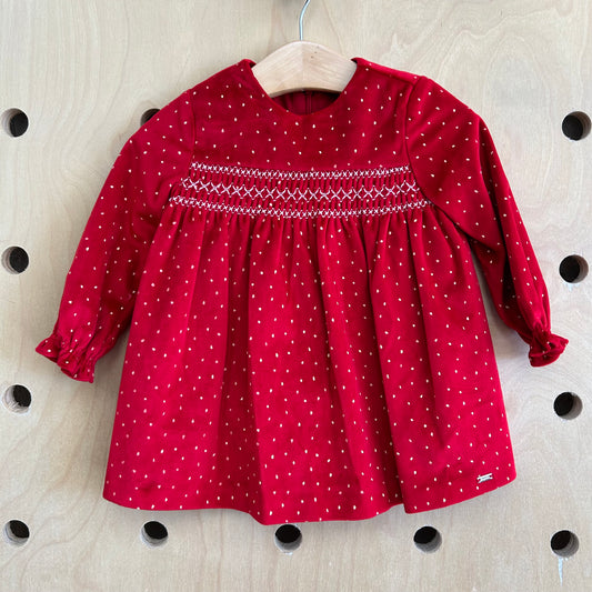 Red & Gold Smocked Velour Dress