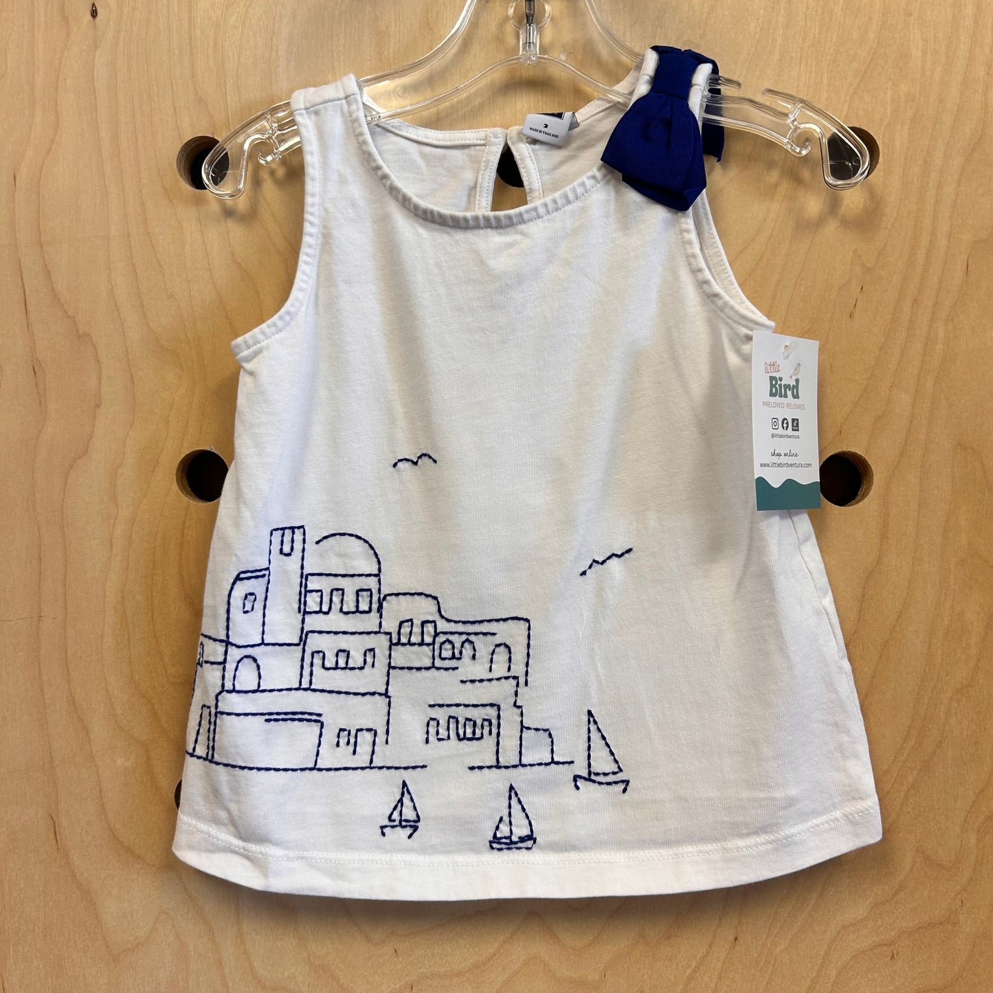 White/Blue Embroidered Sand Castle Tank