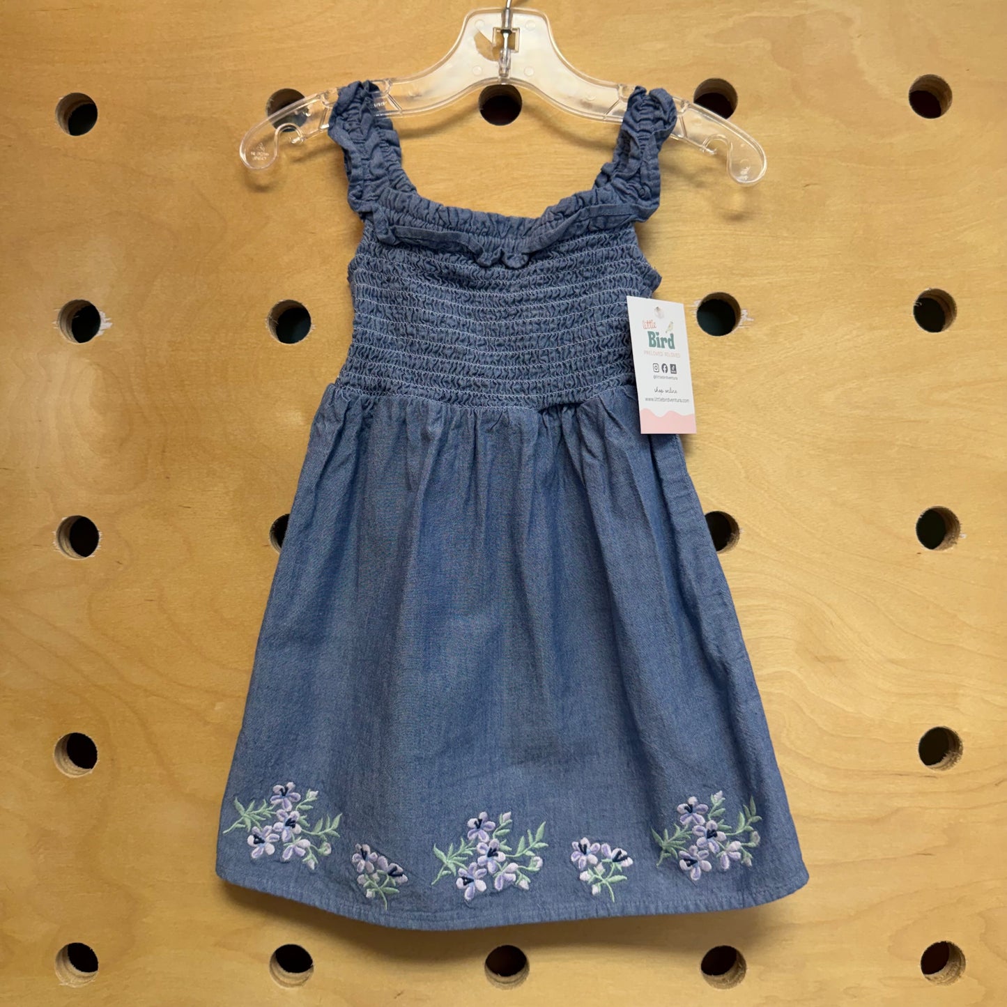 Smocked Chambray Embroidered Floral Dress