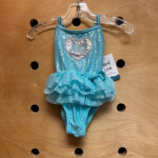 Turquoise Tulle & Sequin Logo Swimsuit