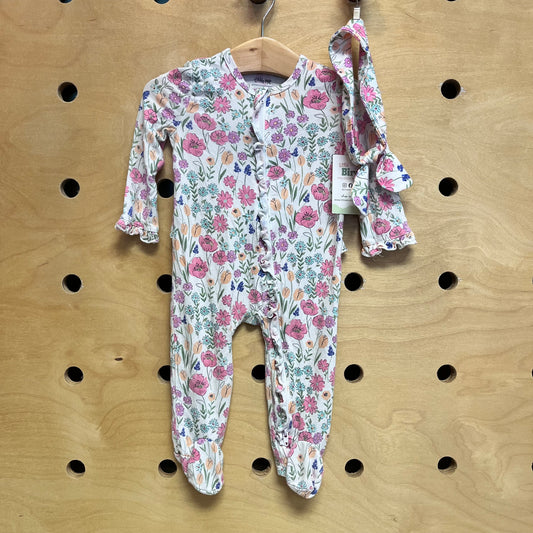 White/Pink Floral Bamboo Footies/Headband