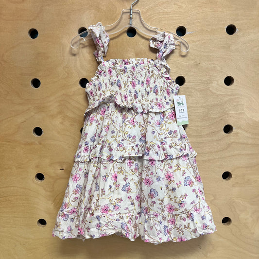 Cream/Pink Tiered Floral Smock Dress