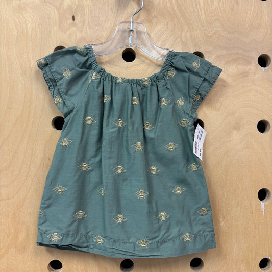 Green + Gold Embroidered Bees Top