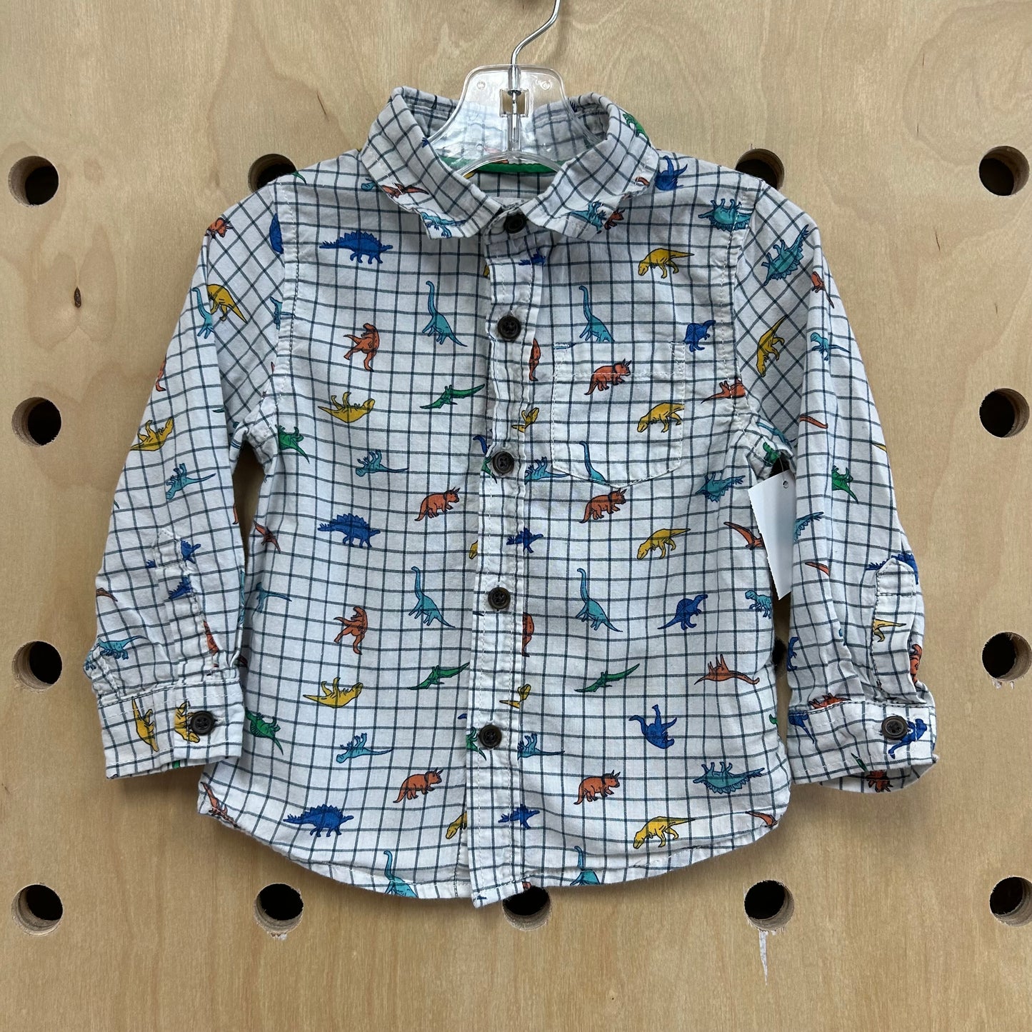 White Plaid Dino Button Up
