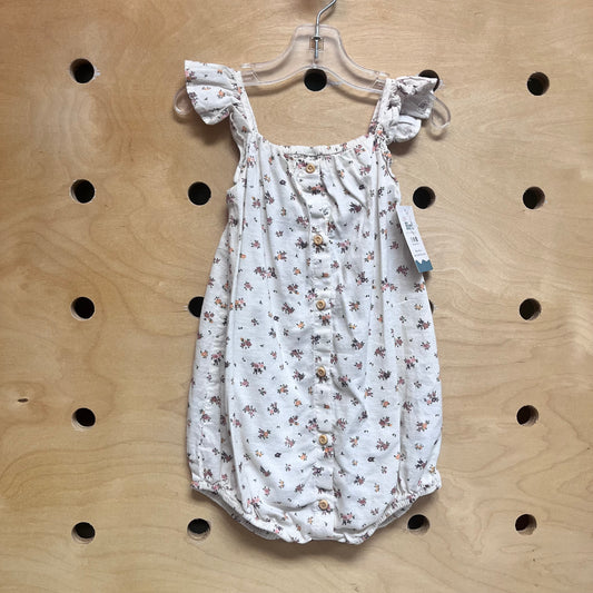 White/Pink Floral Wood Button Romper