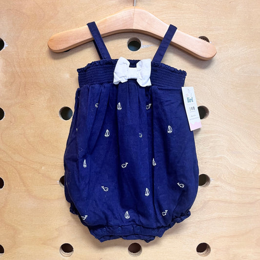 Navy Embroidered Sail Boat/Bow Romper