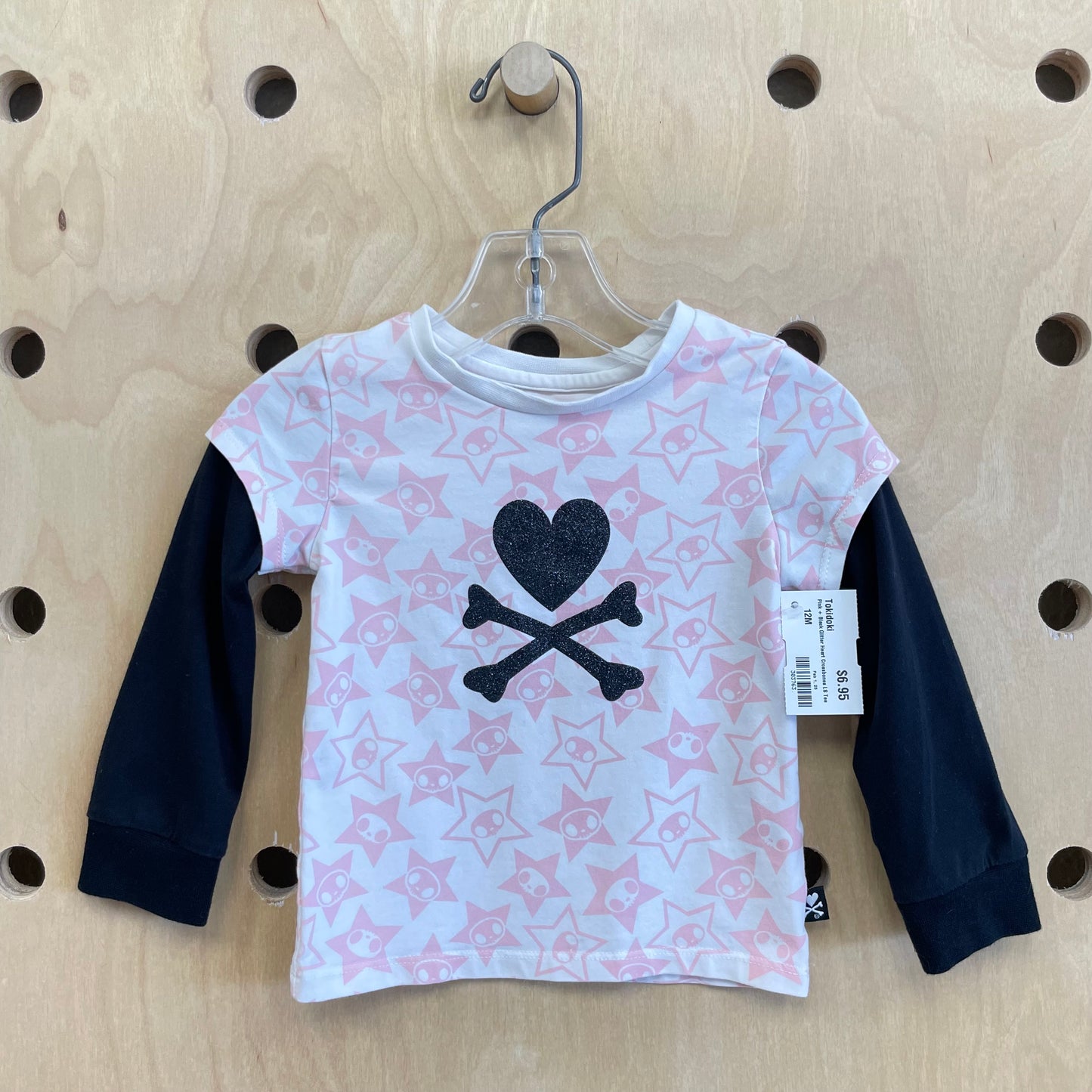 Pink + Black Glitter Heart Crossbones LS Tee