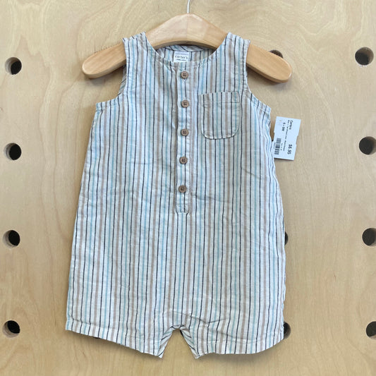 Blue + Tan Striped Linen-Blend Romper