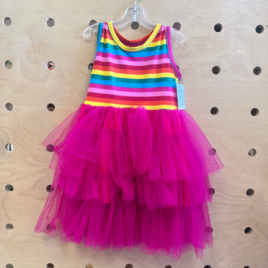 Rainbow Striped/Pink Tulle Dress