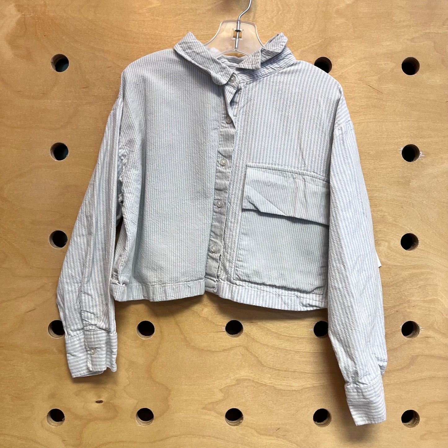 Blue Striped Crop Button Up LS