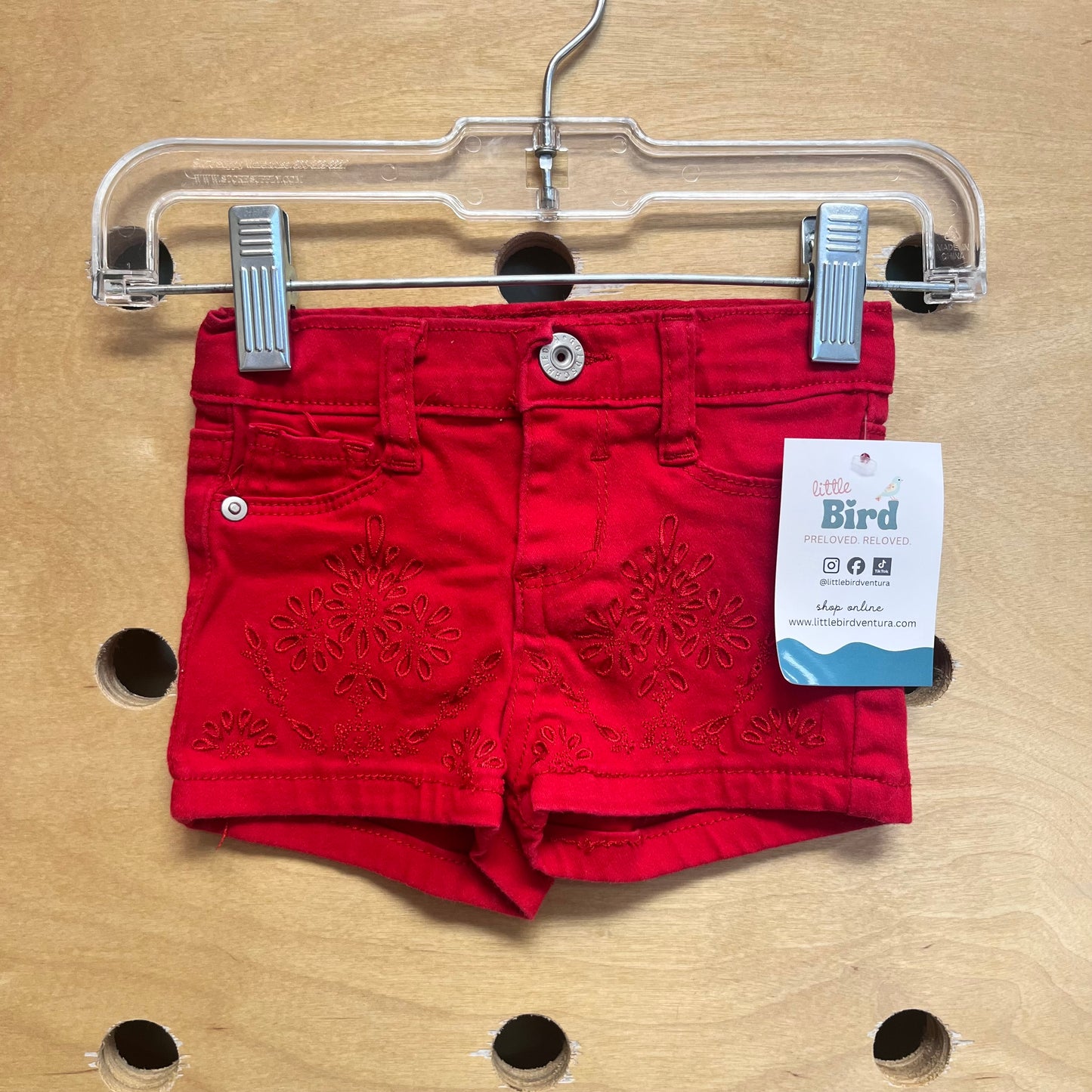 Red Embroidered Denim Shorts