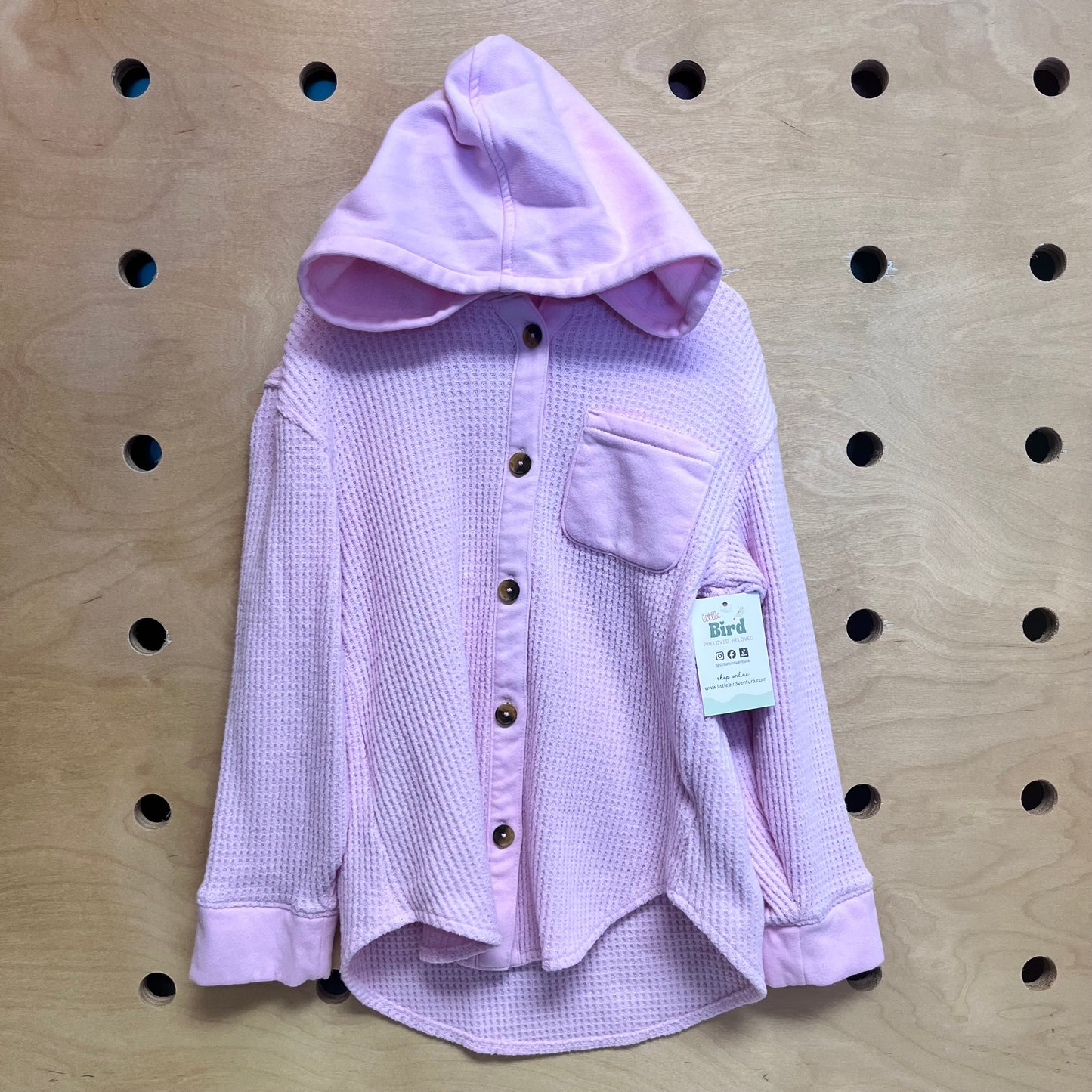 Pink Waffle Knit Hooded Button Up