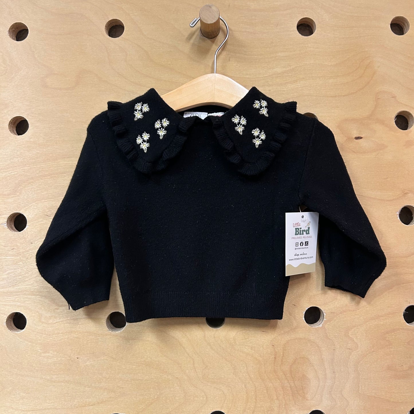Black Embroidered Daisy Collar Top