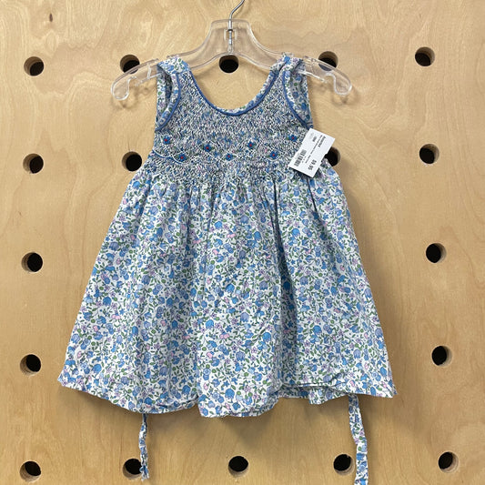 Blue Floral Smocked Cross-Back Dress