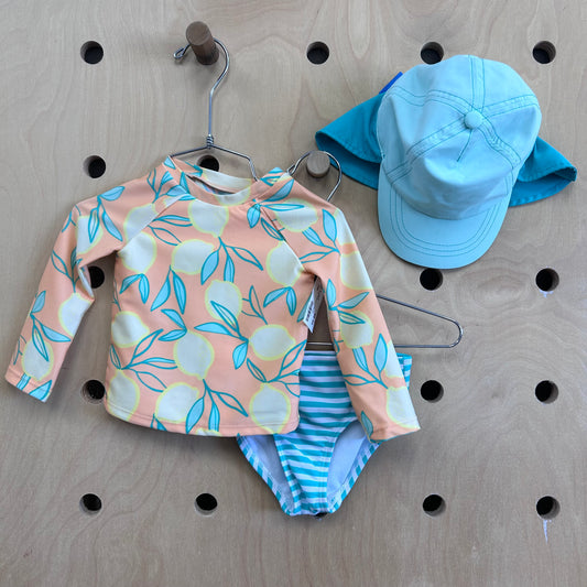 Peach + Mint Swimsuit w/ Sun Hat