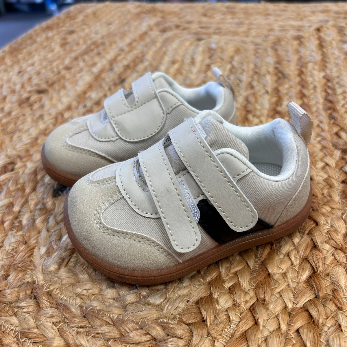 Beige & Black Stripe Velcro Shoes