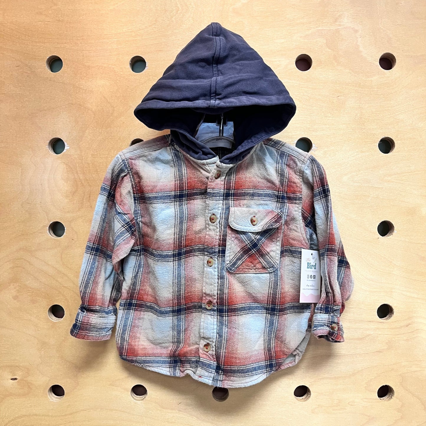Orange/Navy Plaid Hooded Button Up