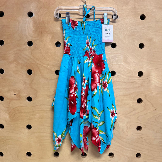 Turquoise Hibiscus Smocked Halter Dress