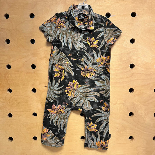 Green/Yellow Leaves Linen Blend Romper