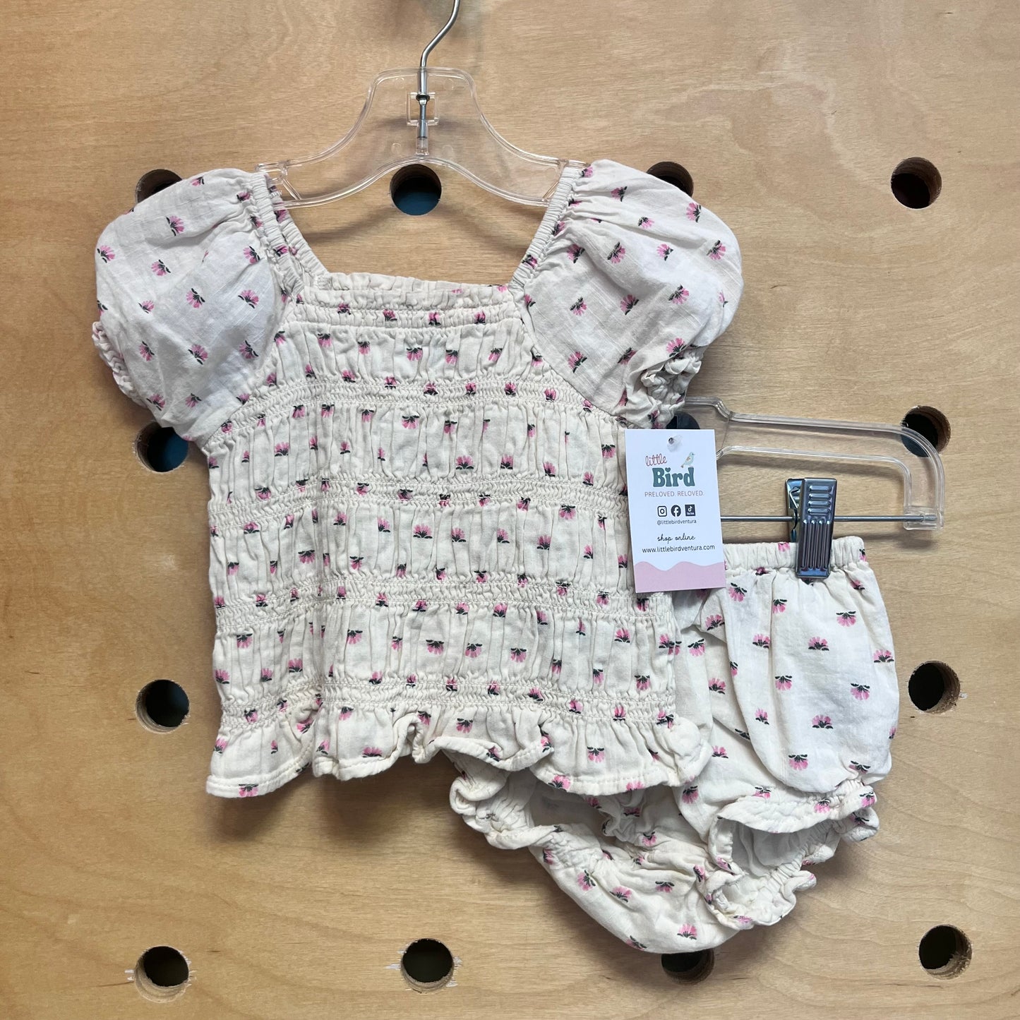 Cream/Pink Floral Smocked Top/Bloomers