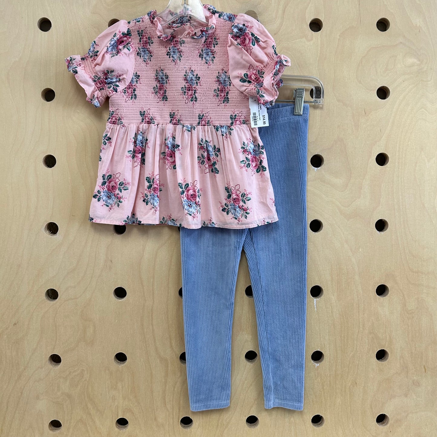 Smocked Pink Floral+Blue Velour Outfit