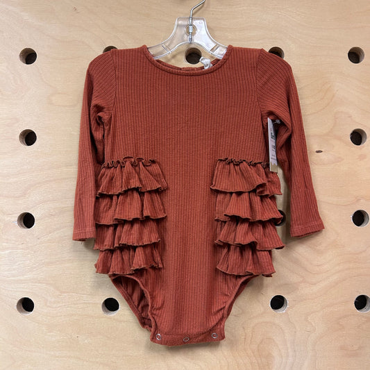 Rust Ribbed Ruffle Bubble Romper