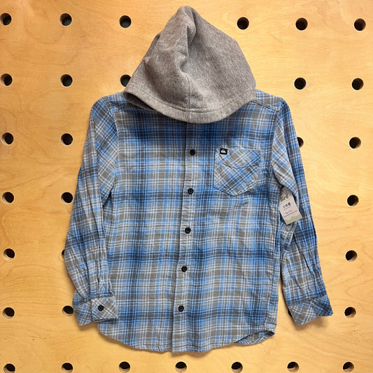 Blue/Grey Plaid Hooded Button Up