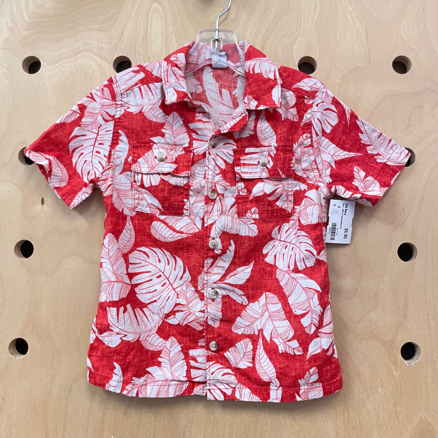 Red + White Tropical Button Up